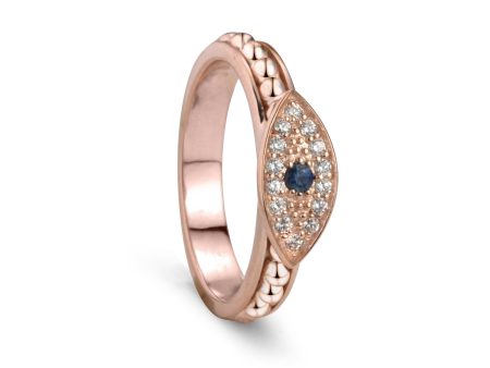 14 KT Pink Gold Fidget Ring with Evil Eye and Blue Sapphire on Sale