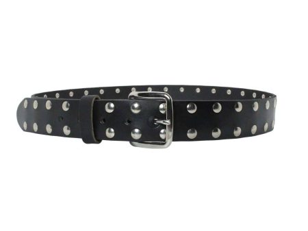 2 Row Flat Studded Black Leather Belt Online now