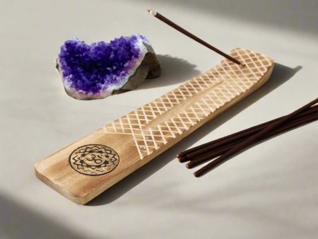 Laser-Etched Om Lotus Flower Wood Incense Holder – Purity and Peace in Every Burn Online now