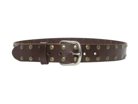 2 Row Flat Studded Brown Leather Belt Online now