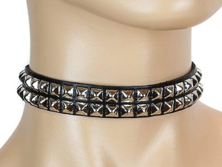 2 Row Pyramid Stud Leather Choker on Sale