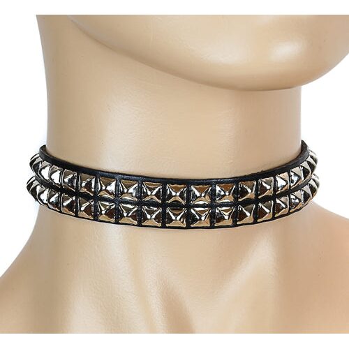 2 Row Pyramid Stud Leather Choker on Sale